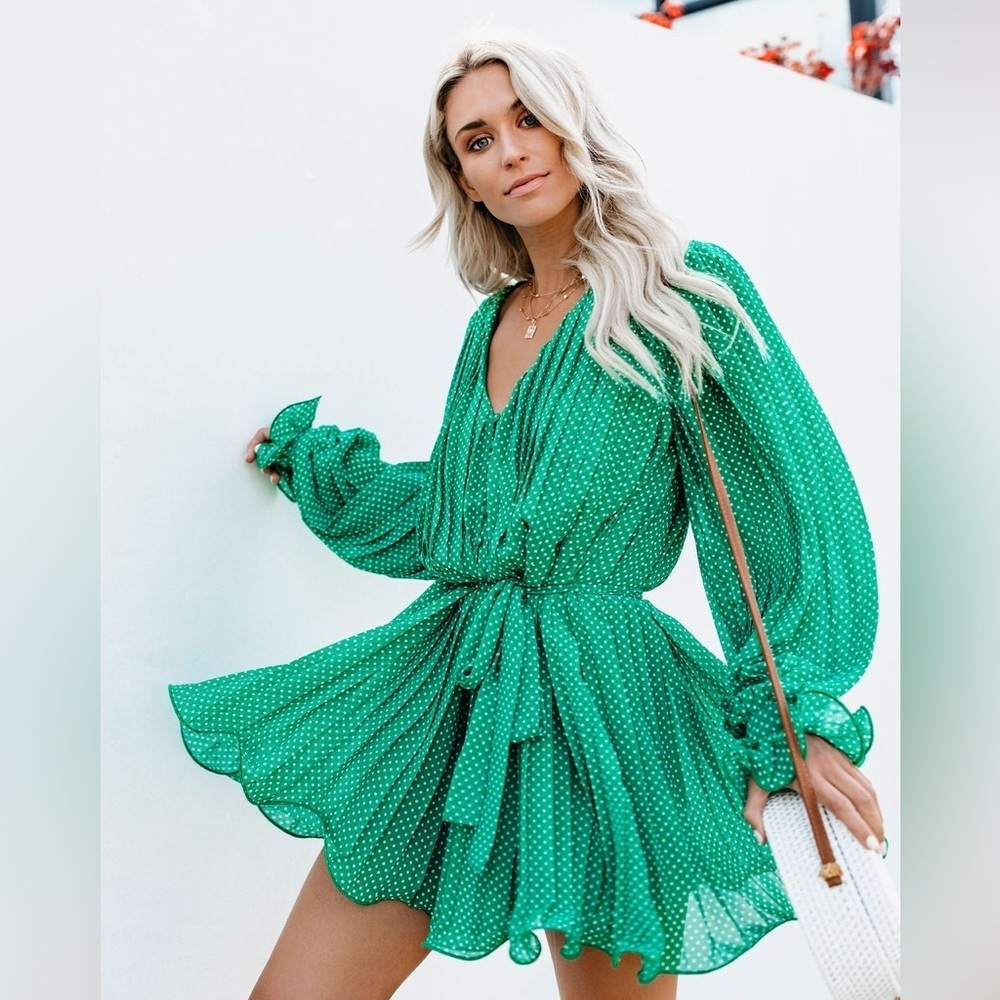 VICI Endless Rose Viera Polka Dot Pleated Romper Long Sleeves Green Size S NWT